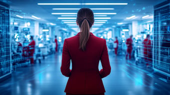  Woman wearing red suit standing in high tech hospital corridor 