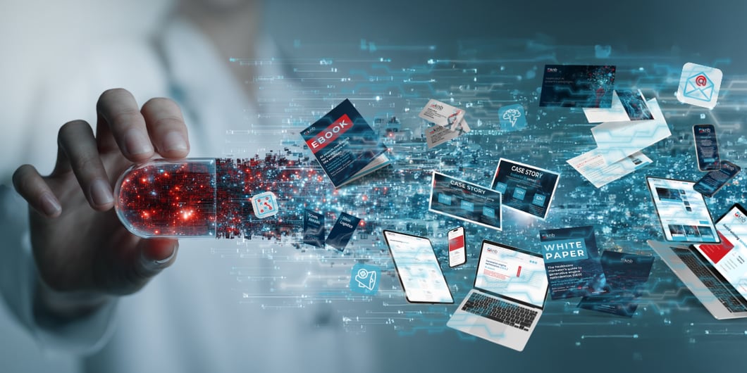 Doctor holding a capsule with digital healthcare content including ebooks, case studies, white papers, emails, and websites representing healthcare content marketing and digital strategy. 