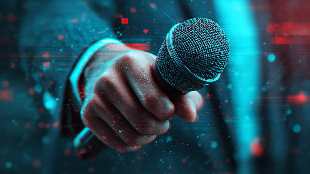Earned media reporter holding microphone for knb communications PR client 