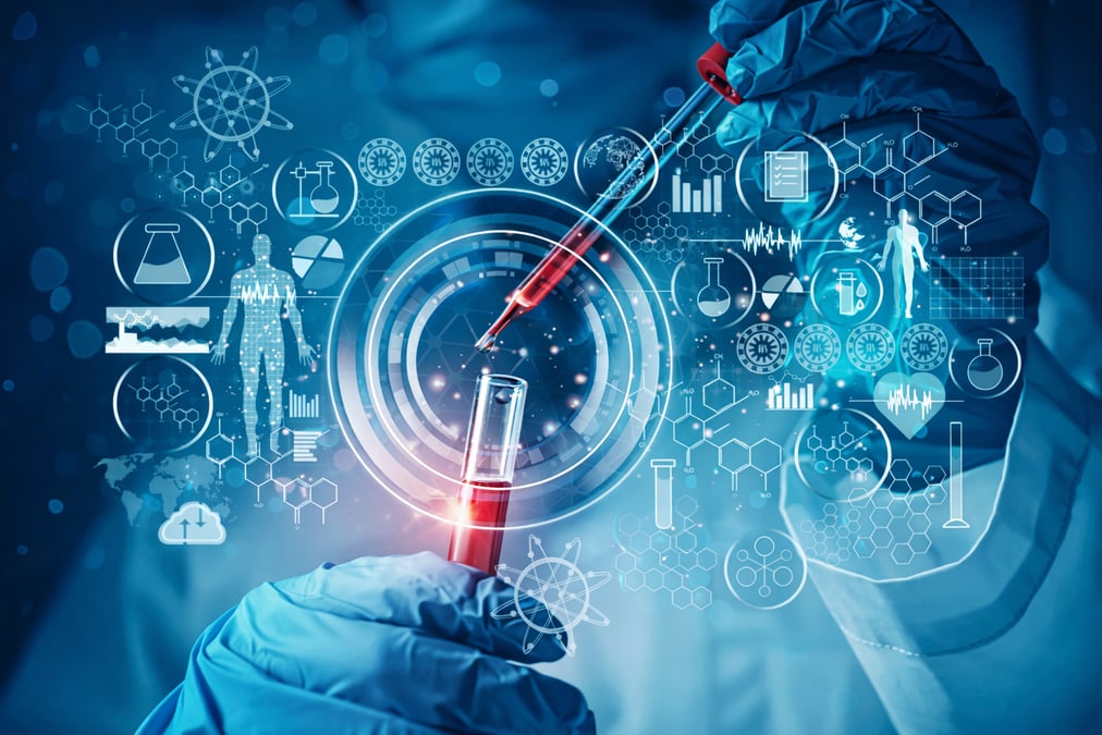 Gloved healthcare professional using a pipette and test tube with biotech data icons in KNB brand colors, symbolizing health tech innovation. 