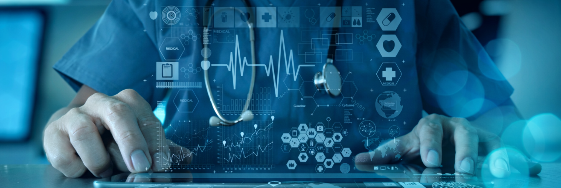 Healthcare professional in blue scrubs using a tablet with transparent digital medical data overlays and blue-teal bokeh lights in the background.Sōvyn marketing  case story images for website