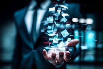  healthcare businessman holding healthcare and life sciences content papers floating above palm of hand 