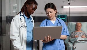 AI and healthcare worker with healthcare technology to improve health equity  