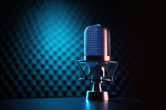  Podcast microphone, high tech and teal background 