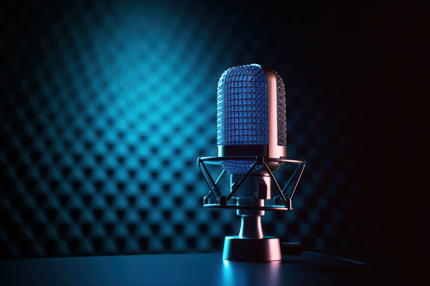 Podcast microphone, high tech and teal background 