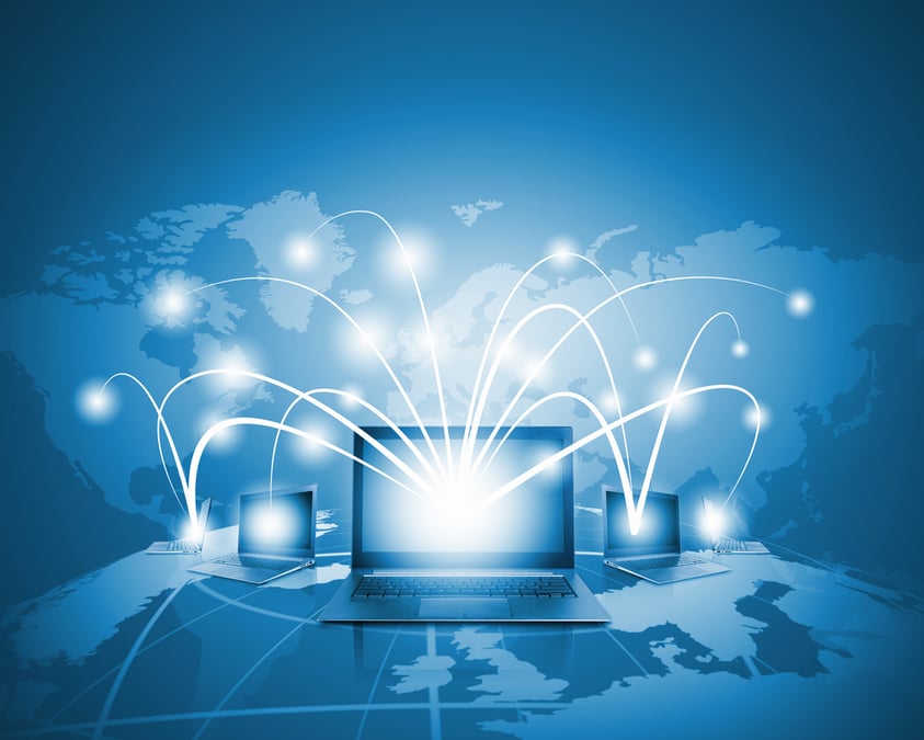 Graphic of computers connecting across the globe 