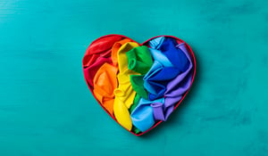 Rainbow-colored heart set on teal background 
