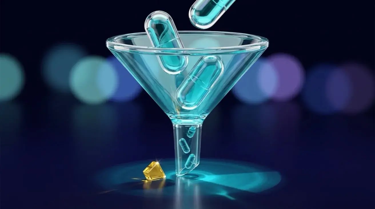 A glass funnel, whole capsules entering the top and smaller ones leaving the spout, one gold fragment left behind