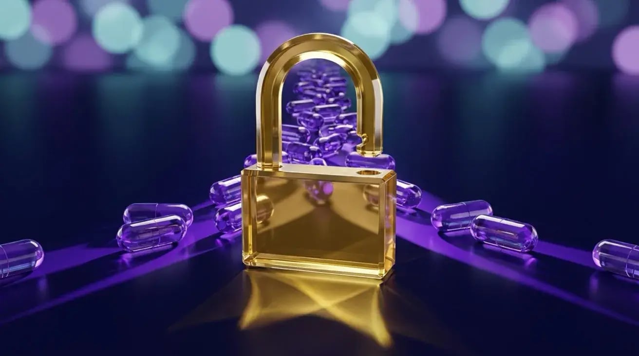 A gold padlock with its shackle hanging open, glass capsules streaming straight through the opening