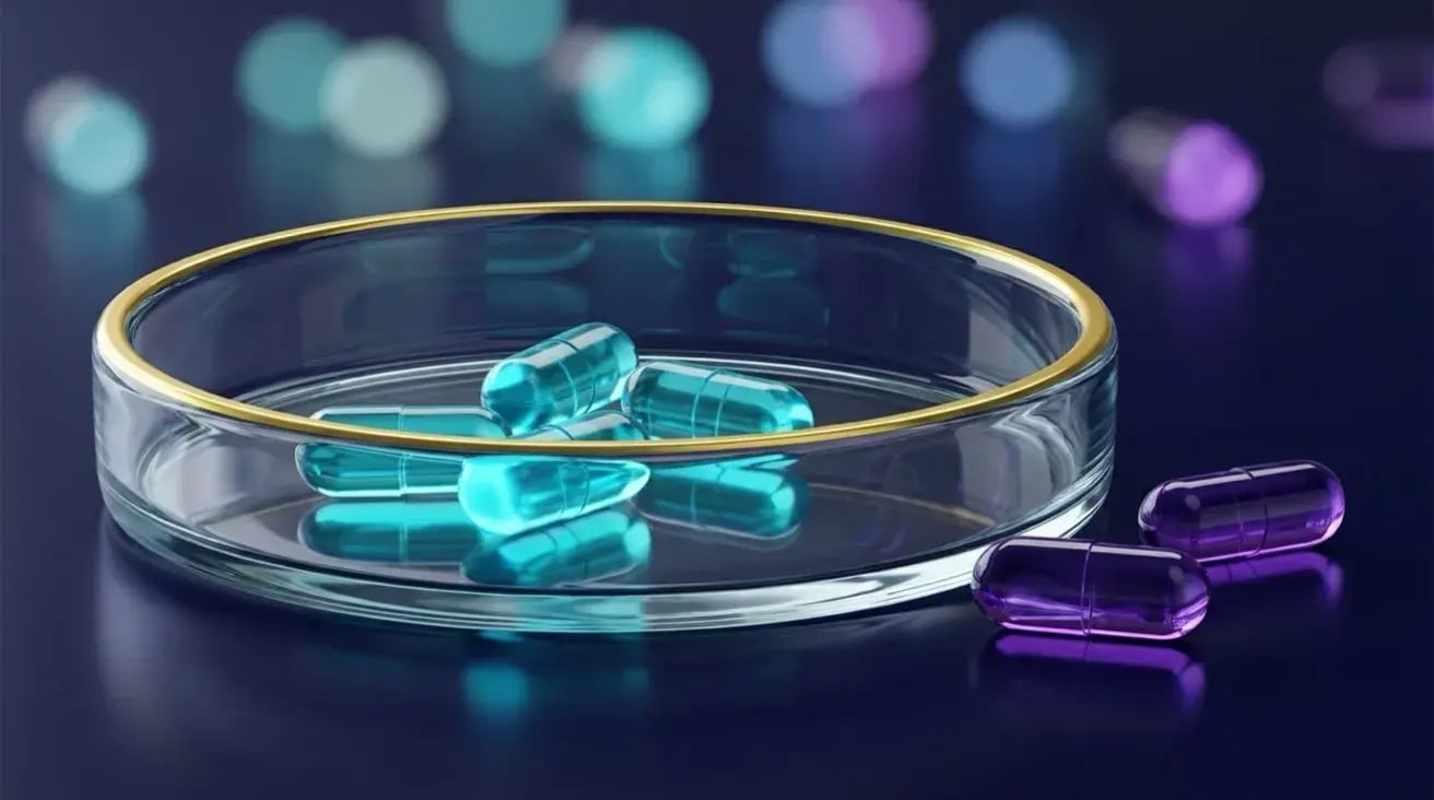 Glass capsules resting inside a petri dish, and two identical capsules lying just outside its rim