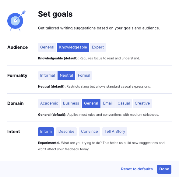 Grammarly writing styles & goals