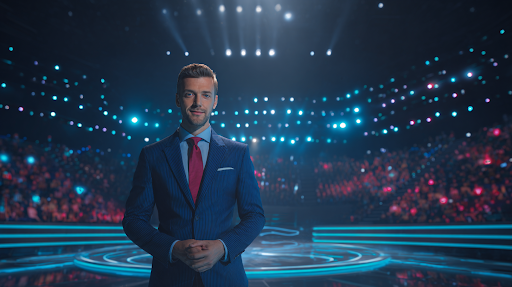 A well-dressed male host in a blue pinstripe suit and red tie stands confidently on a brightly lit stage with a futuristic design, surrounded by a vibrant audience 