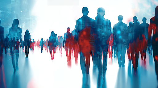 Silhouettes of diverse people walking forward in a futuristic, abstract environment with red and blue digital overlays, symbolizing innovation, progress, and unity 
