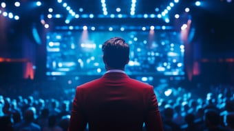  A speaker in a red suit stands before a packed audience ready to deliver a message that connects innovation with impact. 
