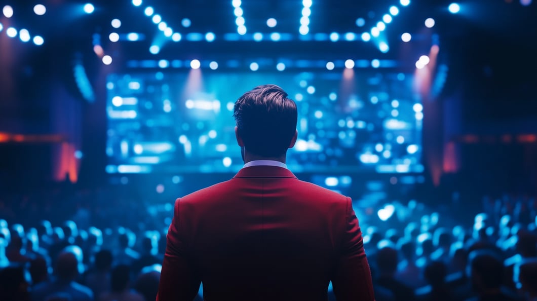 A speaker in a red suit stands before a packed audience ready to deliver a message that connects innovation with impact. 